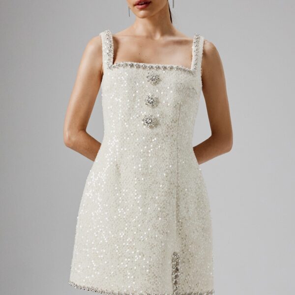 Lavish Alice ZOEY Embellished Boucle Tulip Mini Dress in Beige XXL UK18