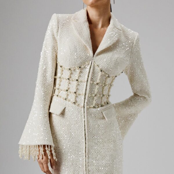 Lavish Alice CLARA Pearl Embellished Mini Boucle Blazer Dress in Beige XXL UK18