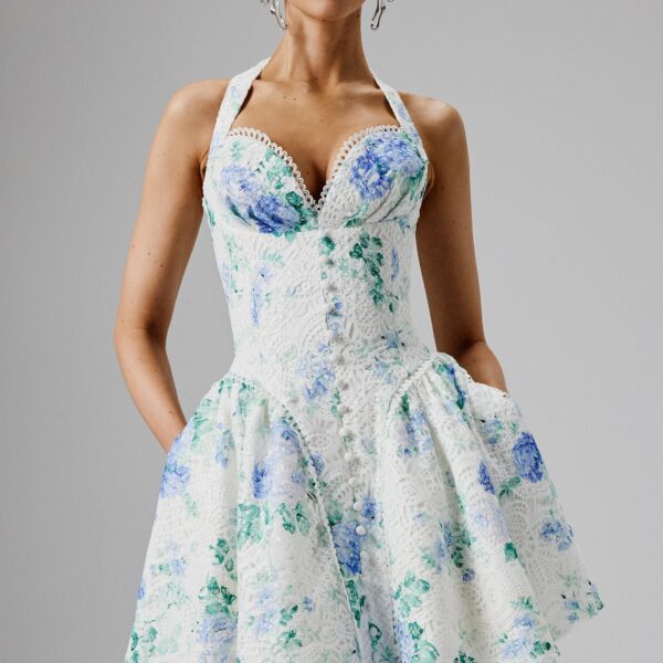 Lavish Alice CARA Micro Button and Loop Detail Volume Flared Mini Dress in Floral Broderie XXL UK18