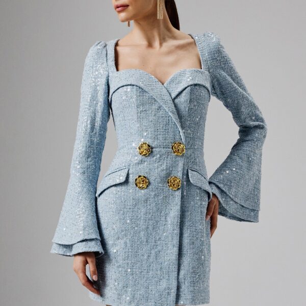 Lavish Alice REBECCAH Oversized Rose Button Boucle Blazer Mini Dress in Blue XL UK16