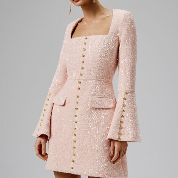 Lavish Alice BELLA Sequin Boucle Micro Rose Button Mini Dress in Pink XXL UK18
