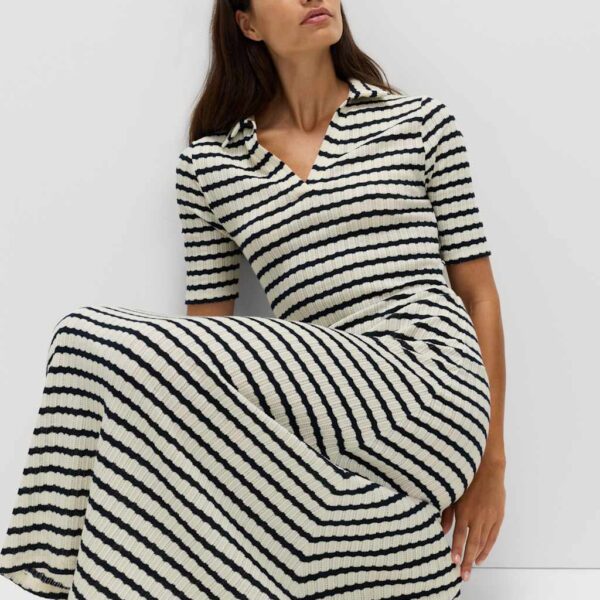 M&S Collection Women's Jersey Striped V-Neck Midi Waisted Dress - 14REG - Ivory Mix, Ivory Mix
