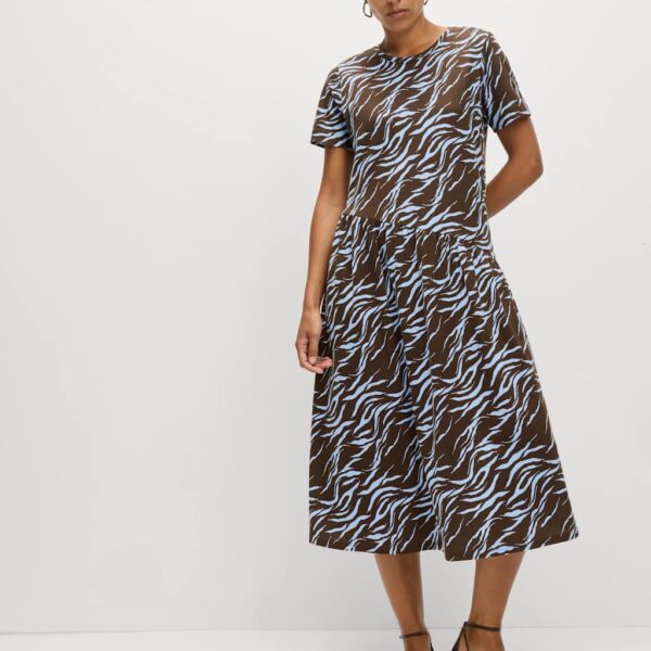 M&S Collection Women's Pure Cotton Animal Print Midi T-Shirt Dress - 12REG - Brown Mix, Brown Mix