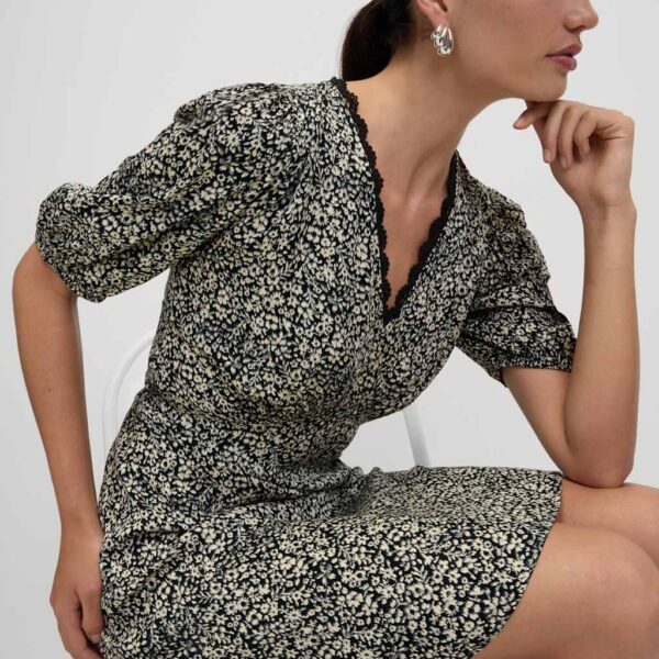 M&S Collection Women's Printed V-Neck Tie Waist Mini Tea Dress - 14REG - Black Mix, Black Mix,Ivory Mix