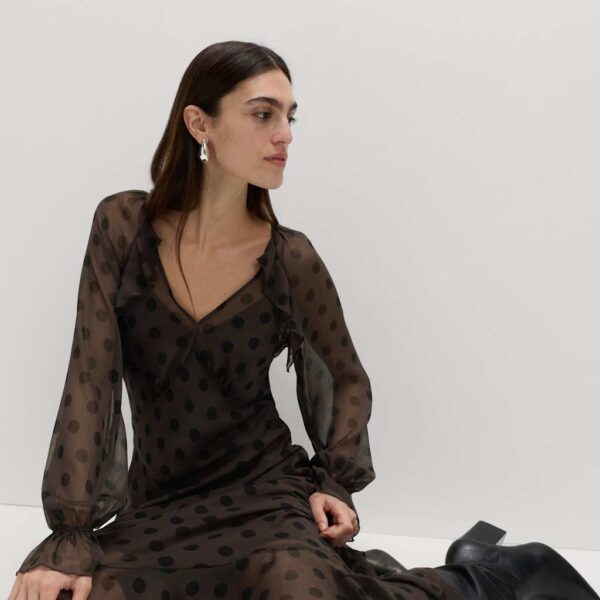 M&S Collection Women's Polka Dot V-Neck Frill Midaxi Dress - 12REG - Chocolate, Chocolate