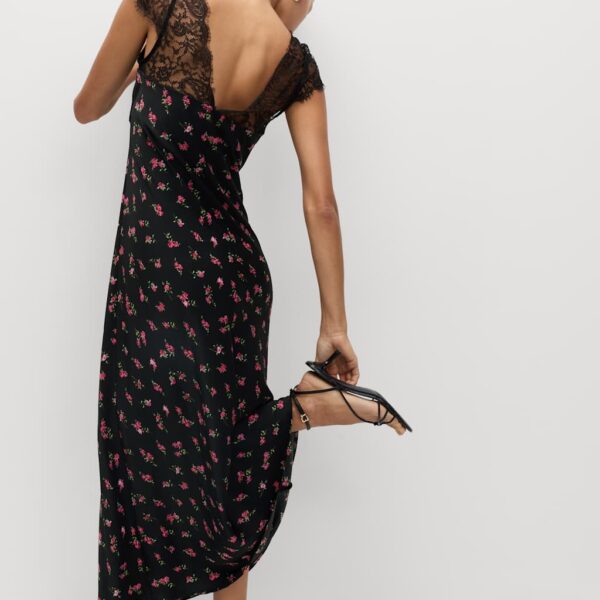 M&S Collection Women's Floral V-Neck Lace Detail Midaxi Slip Dress - 16REG - Black Mix, Black Mix