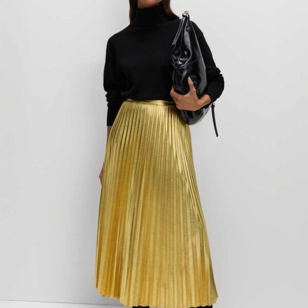 M&S Collection Women's Metallic Gold Pleated Midi Skirt - 12REG, Gold