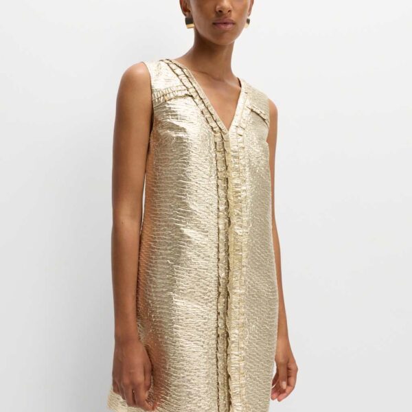 M&S Collection Women's Gold Jacquard V-Neck Mini Shift Dress - 14REG, Gold
