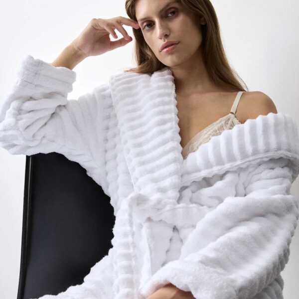 Autograph Women's Pure Cotton Towelling Ribbed Dressing Gown - M - White, Dark Ink,White