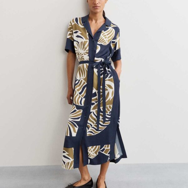 Jaeger Women's Botanical Print Short Sleeve Dress - 6 - Navy Mix, Navy Mix