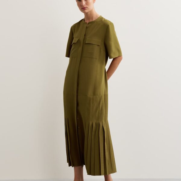 Jaeger Women's Herringbone Collarless Tie Waist Pleated Midi Shirt Dress - 14 - Khaki, Khaki