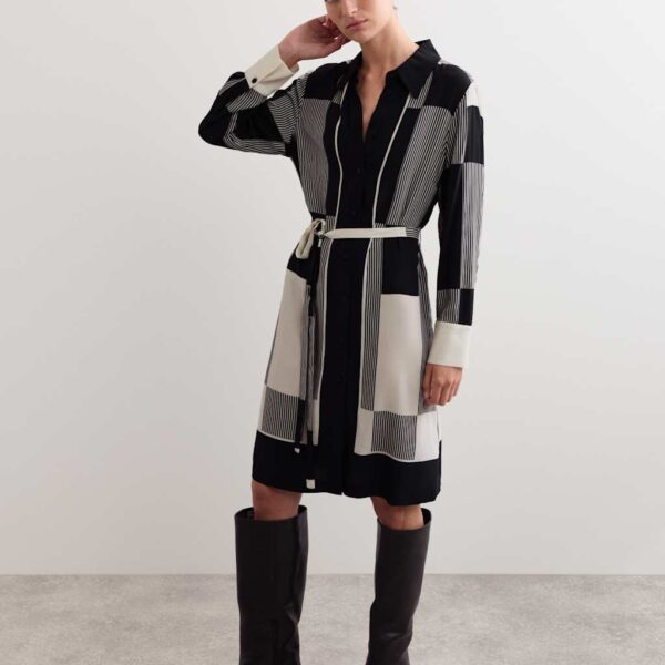 Jaeger Women's Printed Belted Knee Length Shirt Dress - 6 - Black Mix, Black Mix