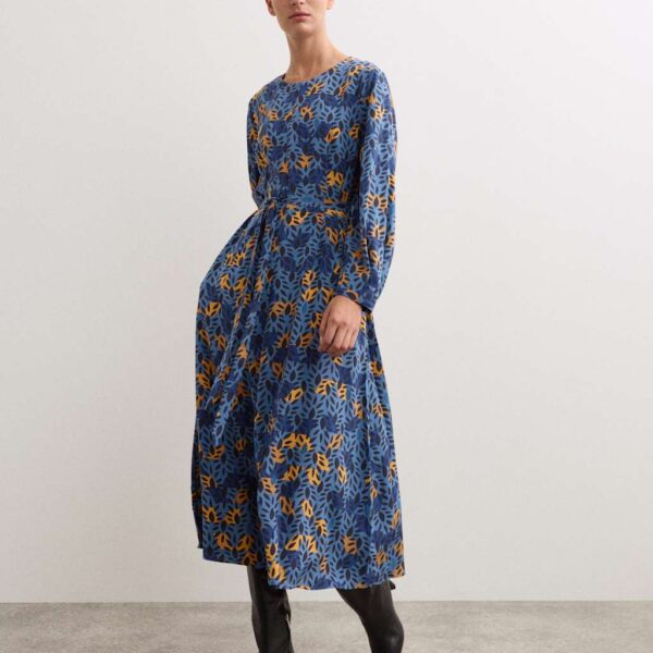 Jaeger Women's Pure Silk Leaf Print Midi Skater Dress - 12 - Blue Mix, Blue Mix