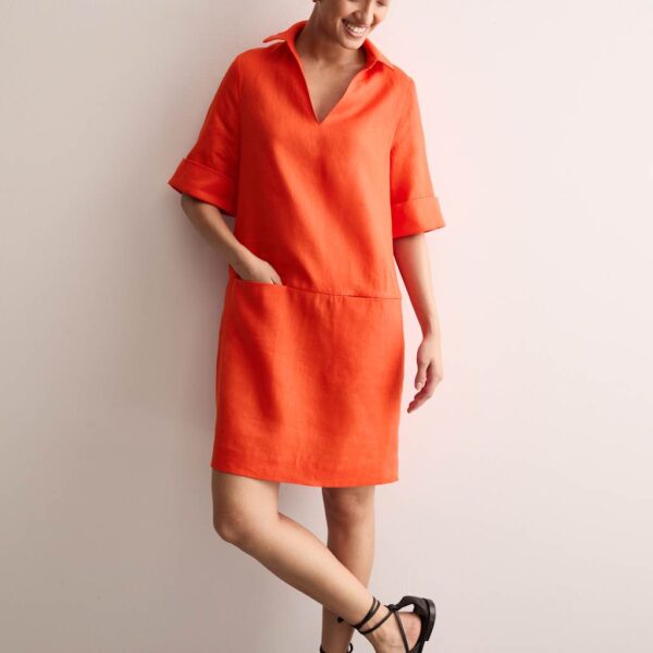 Jaeger Women's Pure Linen V-Neck Knee Length Shift Dress - 12 - Bright Red, Bright Red