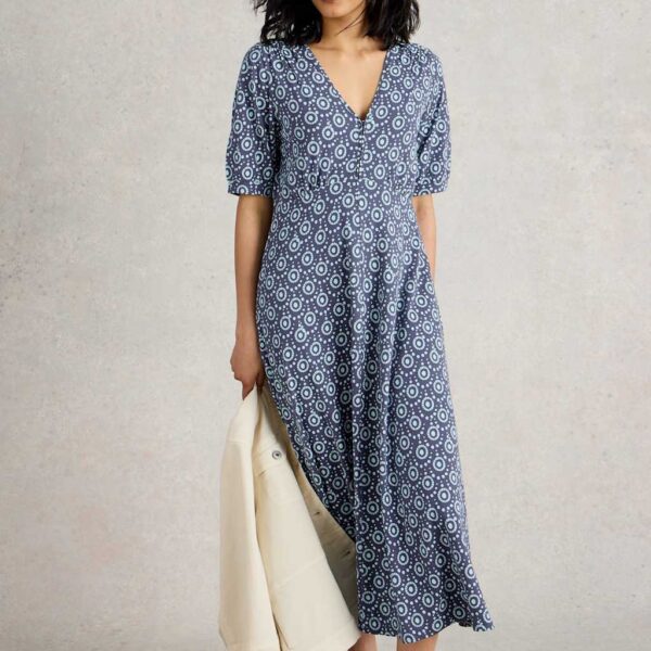 White Stuff Women's Jersey Printed Midi Waisted Dress - 10REG - Navy Mix, Navy Mix