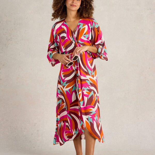 White Stuff Women's Printed V-Neck Midaxi Wrap Dress - Pink Mix, Pink Mix