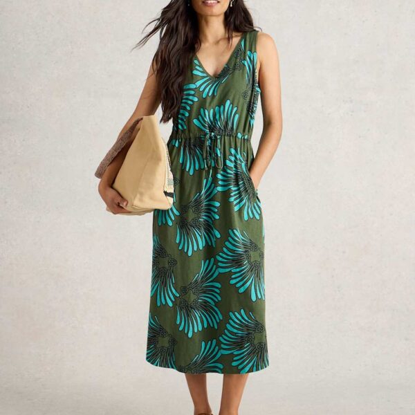 White Stuff Women's Pure Cotton Printed V Neck Midi Beach Dress - XS - Green Mix, Green Mix