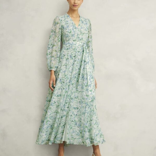 Hobbs Women's Floral V-Neck Midi Waisted Dress - 8PET - Green Mix, Green Mix