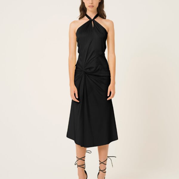Serena Black Halter-neck Satin Midi Dress