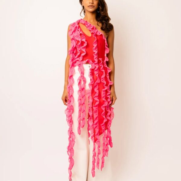 Suki Pink Ruffle Frill Chiffon Top
