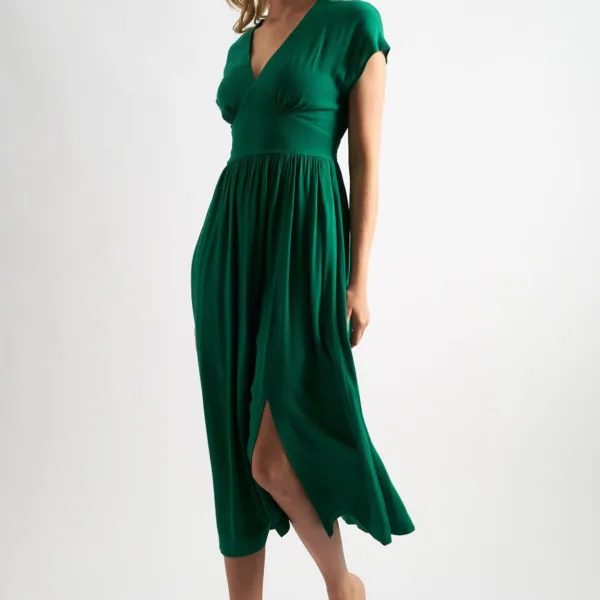 Unity Moss Crepe V-Neck Midi Dress - Green