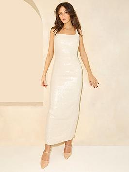 Michelle Keegan Sequin Midaxi Tailored Dress - Beige