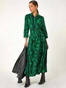 Roman Floral Leaf Print Midi Shirt Dress - Green