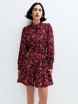 New Look Floral Print High Collar Mini Shirt Dress - Red