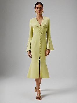 Lavish Alice Flared Micro Shell Button Long Midi Dress - Green