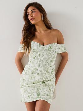 Lavish Alice Off Shoulder Lace Up Mini Dress - Green