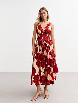 New Look Occ V-Neck Rose Print Midi Dr - Red
