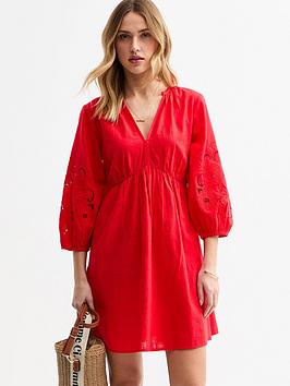 New Look Red Broderie Sleeve Smock Mini Dress