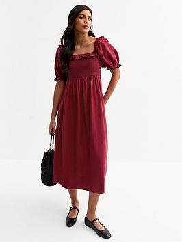 New Look Burgundy Puff Sleeve Midi Dress