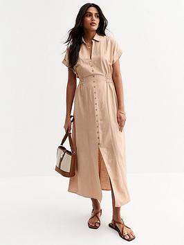 New Look Camel Shirred Waist Midi Shirt Dress
