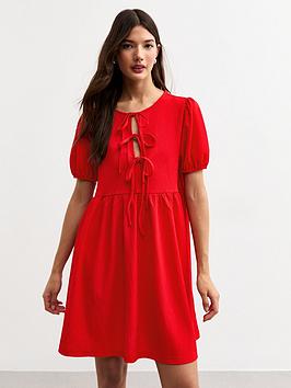 New Look Red Crinkled Texture Tie Front Mini Dress