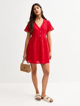 New Look Bright Red Broderie Anglaise Smock Mini Dress