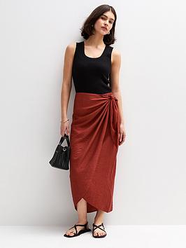 New Look Dark Red Crinkled Sarong Midi Skirt