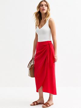 New Look Red Crinkled Wrap Midi Skirt