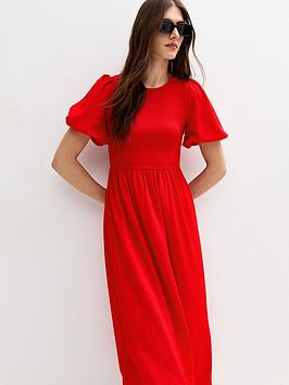 New Look Bright Red Crinkled Shirred Bodice Midi Dress