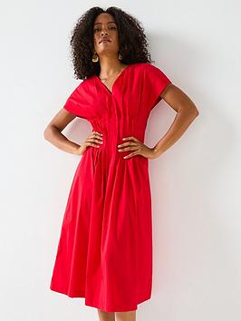 Mei Meij V-Neckline Pleated Midi Dress- Goji Berry