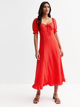 New Look Square Neck Crinkled Jersey Midi Dress - Red