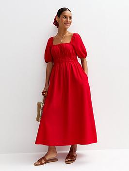 New Look Broderie Anglaise Sleeve Smock Midi Dress - Red