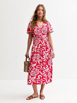 New Look Red Pattern Print Buttoned Midi Dress
