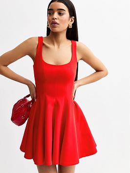 New Look Square Neck Flared Mini Dress - Red