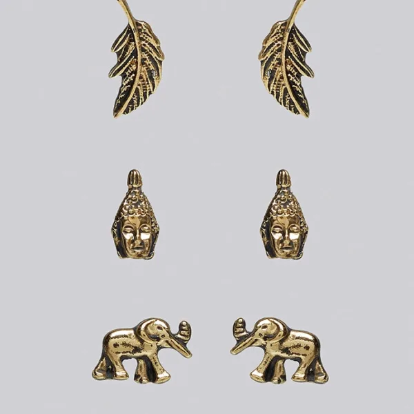 Wilder 3 Pack Elephant Tribal Gold Earrings