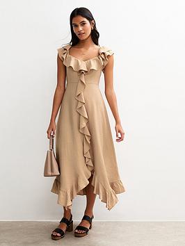 New Look Stone Ruffled Trim Asymmetric Hem Midi Dress - Beige