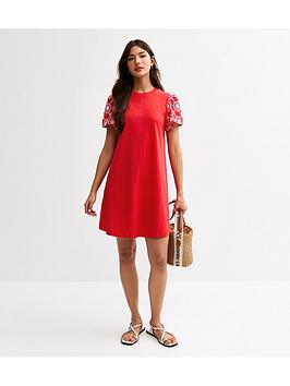 New Look Broderie Sleeve Mini Swing Dress - Red