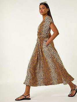 Roman Animal Print Shirred Waist Maxi Dress - Camel