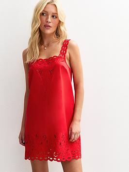 New Look Cutwork Embroidered Strappy Mini Dress - Bright Red
