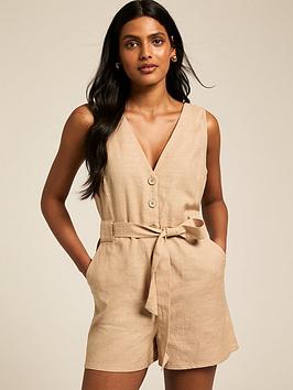 New Look Stone V-Neck Belted Playsuit - Beige
